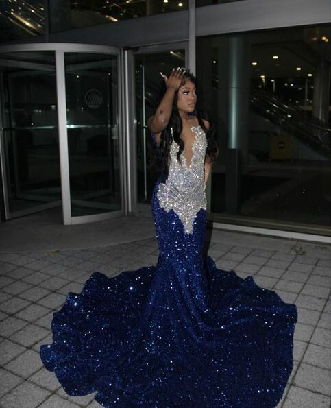 Royal Blue Sequins Black Girl Mermaid Long Evening Party Dress MD7469