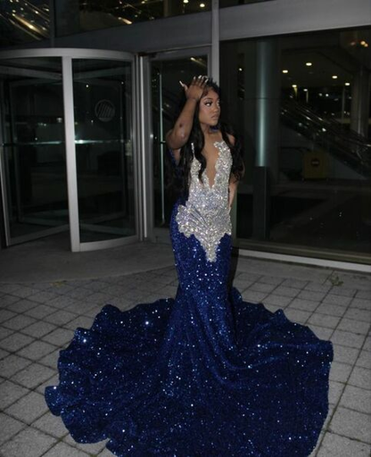 Royal Blue Sequins Black Girl Mermaid Long Evening Party Dress MD7469
