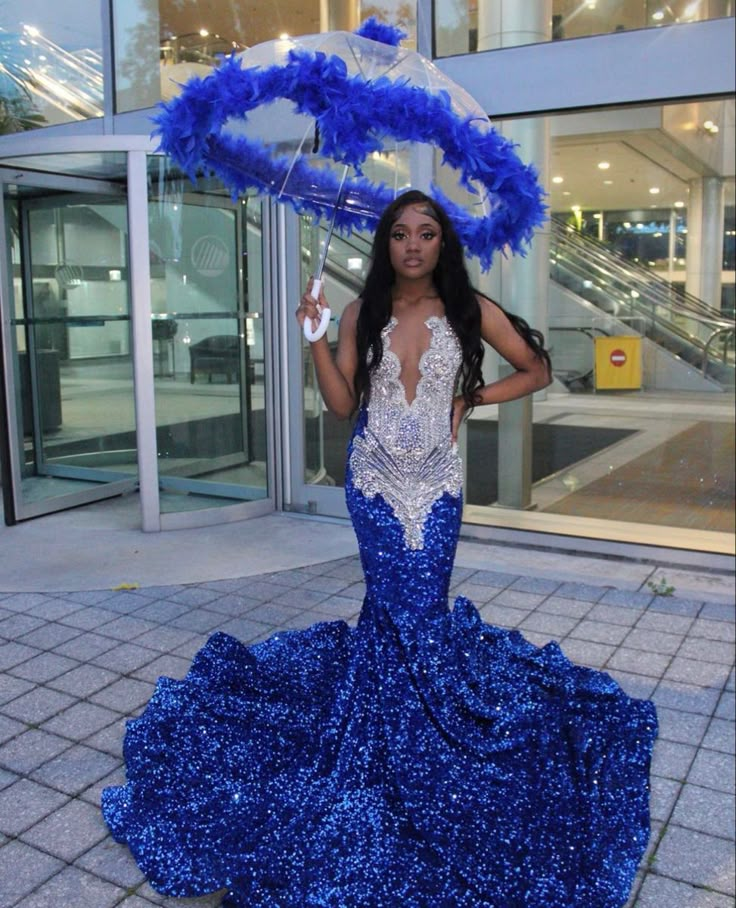 Royal Blue Sequins Black Girl Mermaid Long Evening Party Dress MD7469