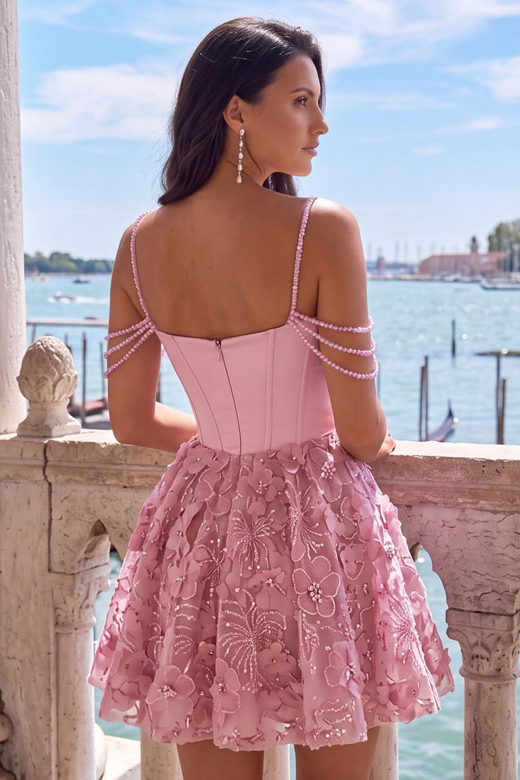 Unique Homecoming Dress Off the Shoulder Pleated Flower Bead Back to School Outfits Party Dress D7821