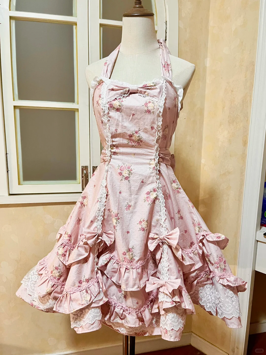 Vintage Pink Floral Halter Dress Design A-Line Elegant Tiered Homecoming Dress Birthday Dress Party Dress D1657