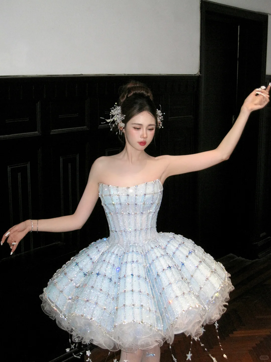 Gorgeous Shiny Light Blue Sequined A-Line Strapless Design Tiered Party Dress Homecoming Dress D1711