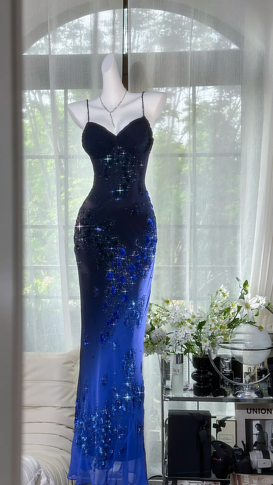 Gorgeous Navy Blue Sparkling Beaded V-neck Elegant Mermaid Chiffon Evening Dress Prom Dresses D1611