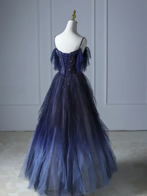 Elegant Green Straps Off Shoulder A-Line Tulle Long Formal Prom Dress, D692