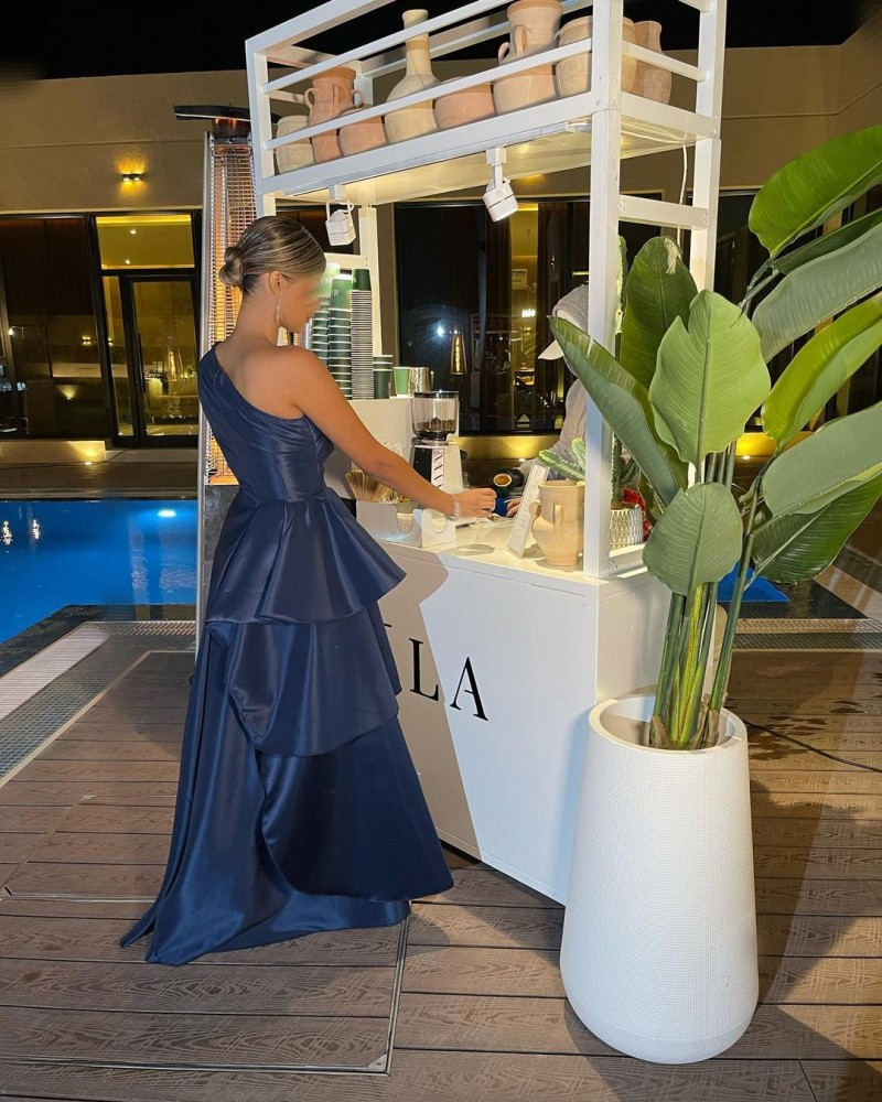 Navy Blue One Shoulder A-Line Satin Long Formal Evening Party Dress MD7824