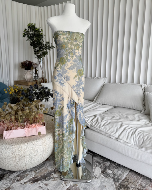 Sweet Strapless Floral Design Irregular Hem A-line Women Party Dress, D1400