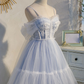 Vintage Light Blue Applique Sweetheart Spaghetti Strap Design A-line Tulle Party Dress Homecoming Dress D1553