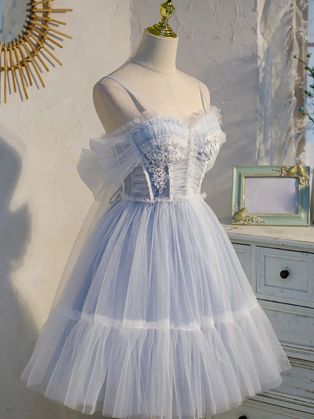 Vintage Light Blue Applique Sweetheart Spaghetti Strap Design A-line Tulle Party Dress Homecoming Dress D1553