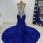 Royal Blue Sequins Black Girl Mermaid Long Evening Party Dress MD7469