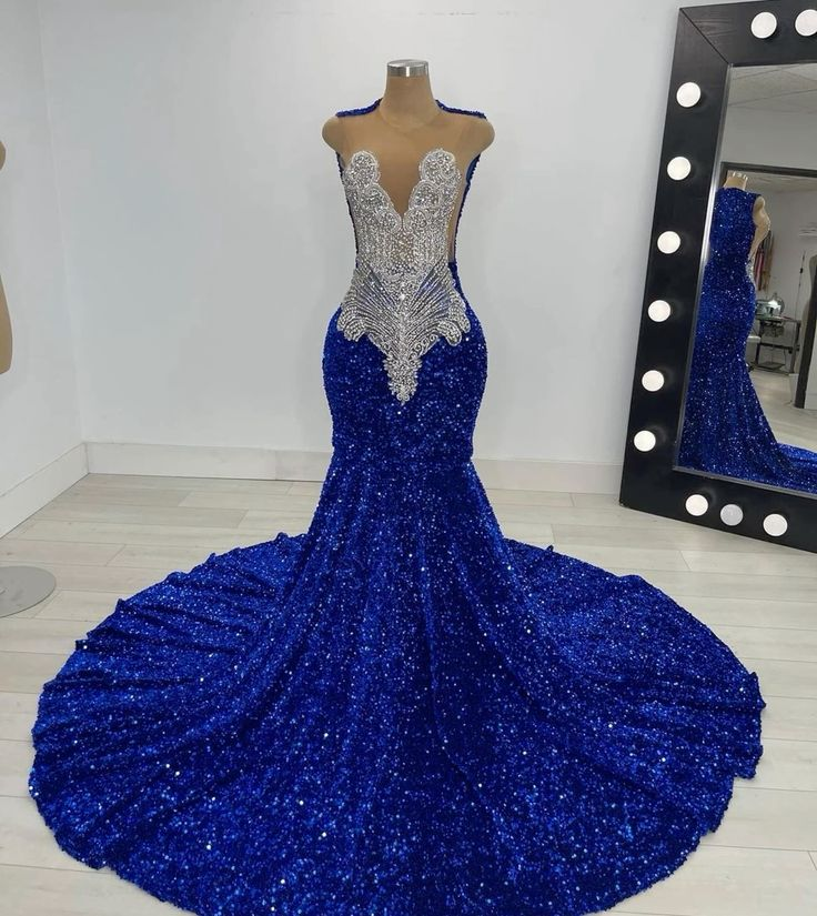Royal Blue Sequins Black Girl Mermaid Long Evening Party Dress MD7469