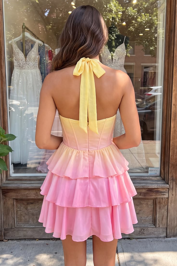 Unique Homecoming Dress Halter Bowknot Cascade Back to School Outfits Party Dress D7822