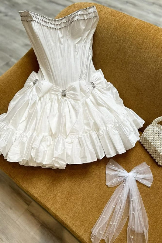Charming Homecoming Dress Strapless Pleated Bowknot Rinestone Back to School Outfits Party Dress  D7327