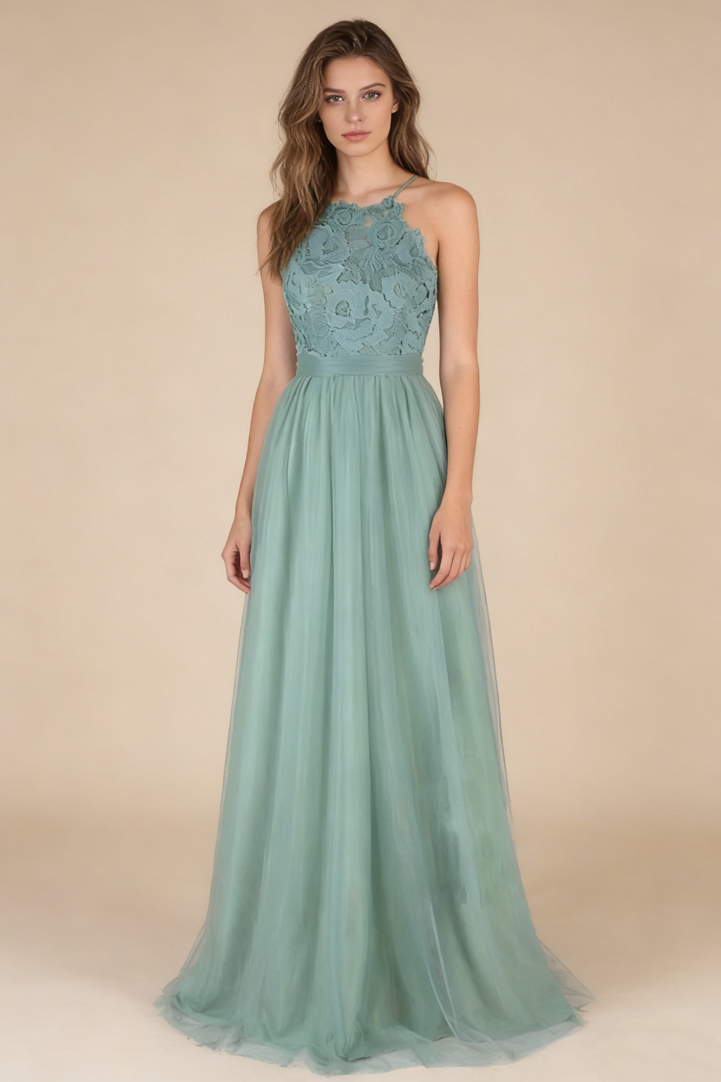 Robe de bal trapèze dos nu en tulle vert, robe de soirée formelle de remise de diplômes M3047