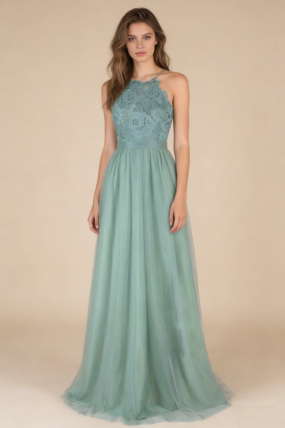 Robe de bal trapèze dos nu en tulle vert, robe de soirée formelle de remise de diplômes M3047