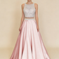 A Line Round Neck Two Pieces Beaded Pink Prom Dresses, Two Pieces Pink Formal Dresses, Pink Evening Dresses M3131