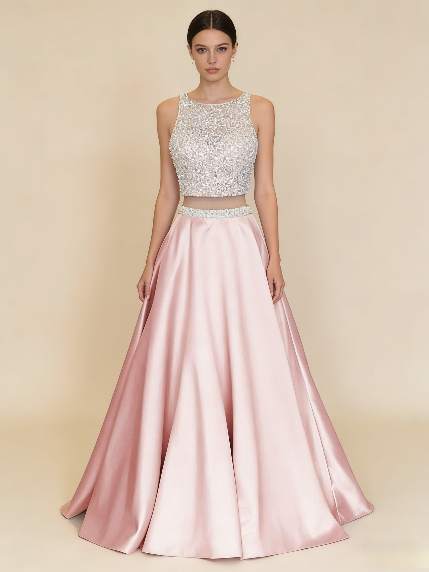 A Line Round Neck Two Pieces Beaded Pink Prom Dresses, Two Pieces Pink ModelDressy A Line Round Neck Two Pieces Beaded Pink Prom Dresses, Two Pieces Pink ModelDressy