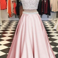 A Line Round Neck Two Pieces Beaded Pink Prom Dresses, Two Pieces Pink Formal Dresses, Pink Evening Dresses M3131