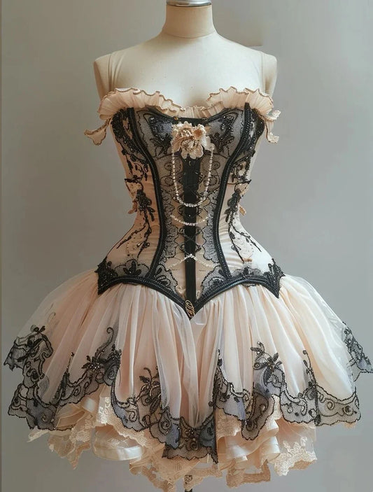 Retro Strapless Sweetheart Lolita Princess Dress A-line Applique Chiffon Party Dress Homecoming Dress D1571