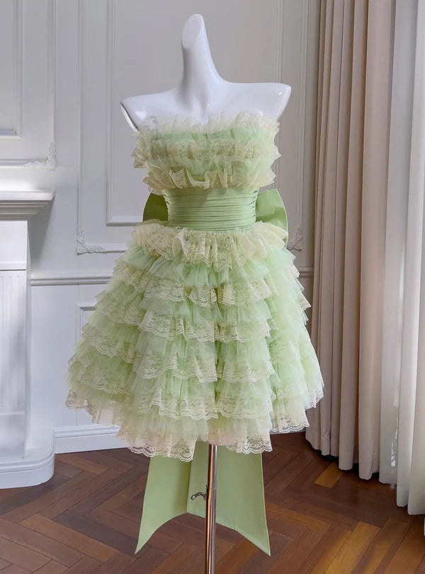 Stunning Homecoming Dress Strapless Lace Bowknot Tulle Casacde A-Line Back to School Outfits Party Dress D7922