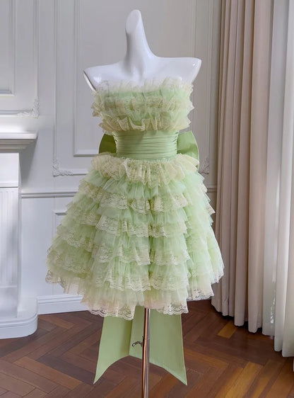 Stunning Homecoming Dress Strapless Lace Bowknot Tulle Casacde A-Line Back to School Outfits Party Dress D7922