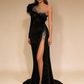 Black Evening Dresses High Neck Side Split Long Sleeve Mermaid Prom Dress Feather Beaded Sexy Special Occasion Gowns M5451
