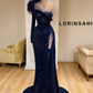 Black Evening Dresses High Neck Side Split Long Sleeve Mermaid Prom Dress Feather Beaded Sexy Special Occasion Gowns M5451