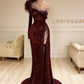 Black Evening Dresses High Neck Side Split Long Sleeve Mermaid Prom Dress Feather Beaded Sexy Special Occasion Gowns M5451