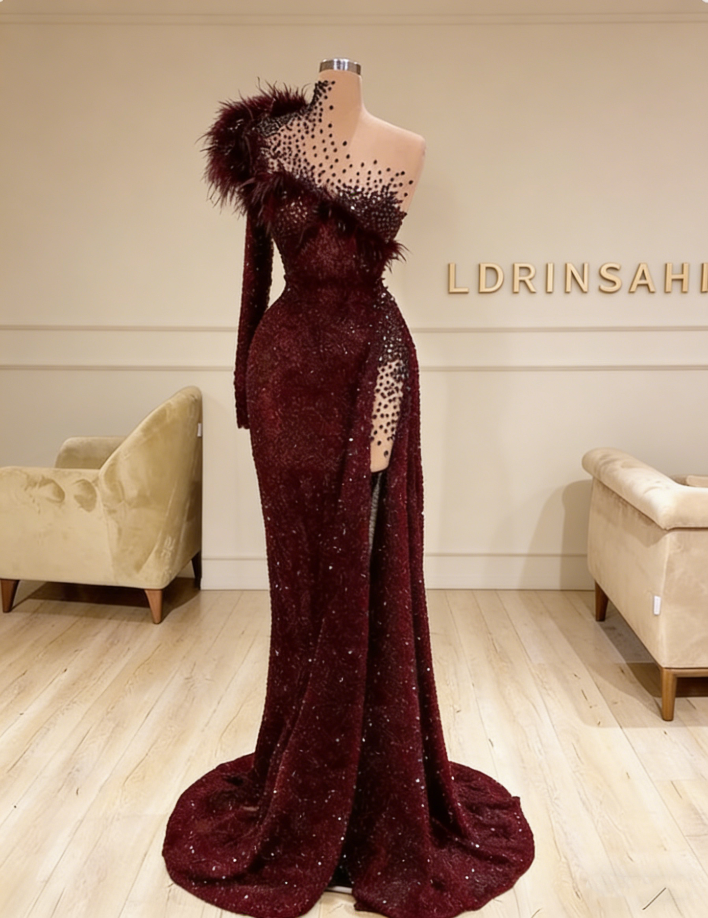 Black Evening Dresses High Neck Side Split Long Sleeve Mermaid Prom Dress Feather Beaded Sexy Special Occasion Gowns M5451