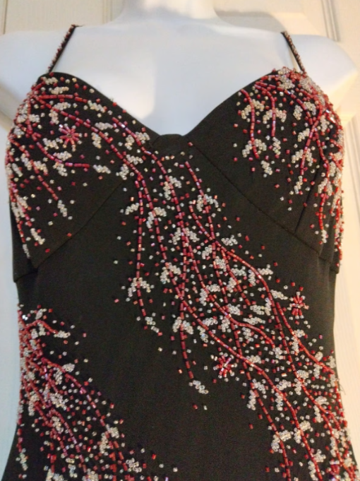 Schwarze Spaghettiträger Etuikleid Chiffon Perlen Vintage Lange Abend Party Kleider, D1046