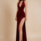 Burgundy Halter V Neck Sheath Split Sexy Long Party Dress, D211