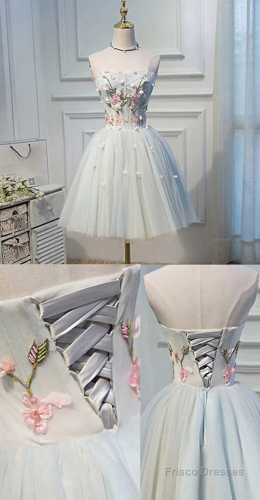 Unique Homecoming Dress Strapless Flower Lace Back to School Outfits Party Dress D7629
