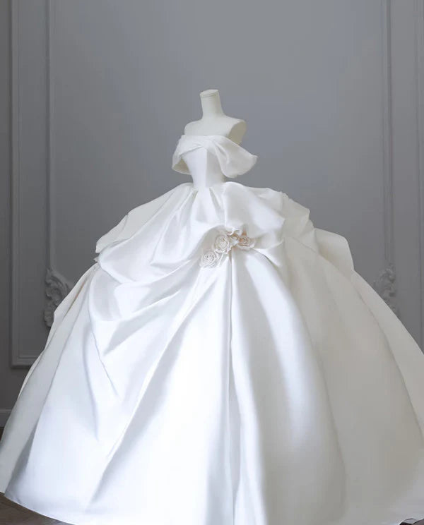 Elegant White Satin Off-the-shoulder Ruffle Ball Gown Design A-Line Wedding Dress, D1584