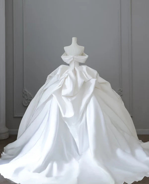 Elegant White Satin Off-the-shoulder Ruffle Ball Gown Design A-Line Wedding Dress, D1584