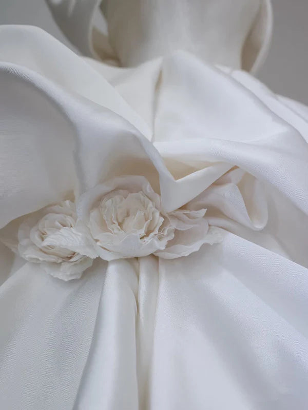 Elegant White Satin Off-the-shoulder Ruffle Ball Gown Design A-Line Wedding Dress, D1584