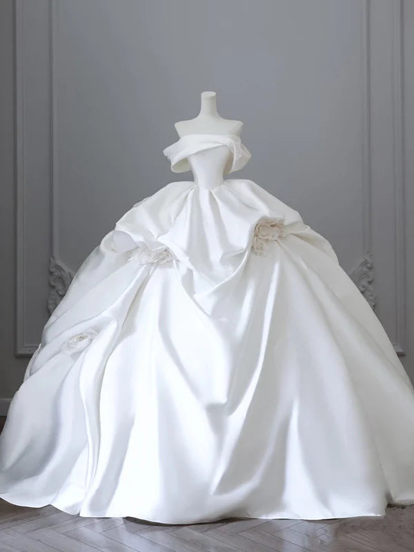 Elegant White Satin Off-the-shoulder Ruffle Ball Gown Design A-Line Wedding Dress, D1584