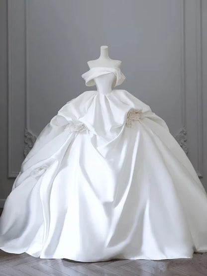 Elegant White Satin Off-the-shoulder Ruffle Ball Gown Design A-Line Wedding Dress, D1584