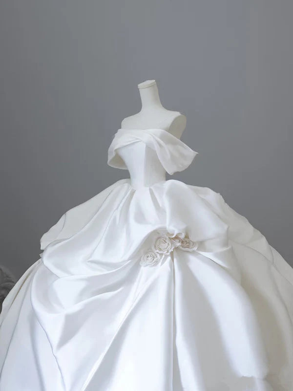Elegant White Satin Off-the-shoulder Ruffle Ball Gown Design A-Line Wedding Dress, D1584