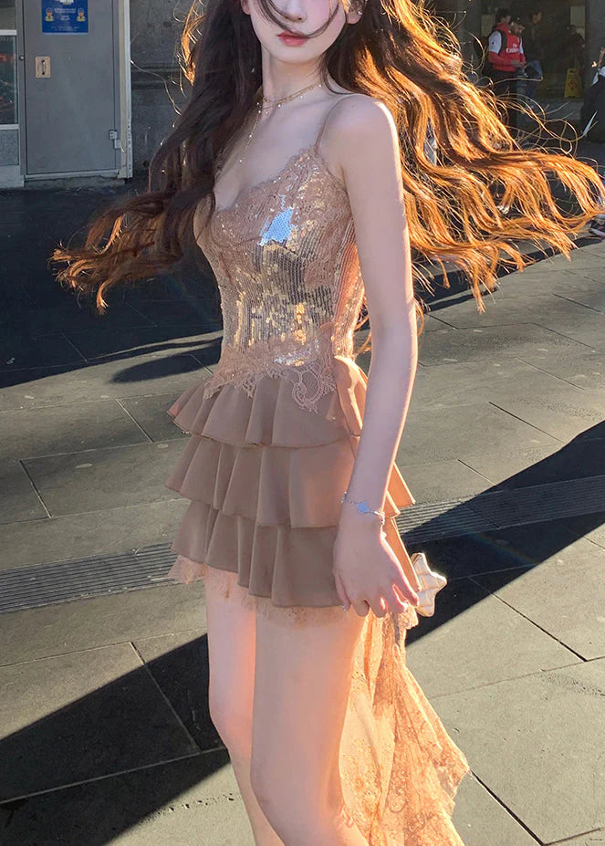 Beautiful Homecoming Dress V Neck Sequins Tulle Lace Hi-Lo Cascade Back to School Outfits Party Dress D7137