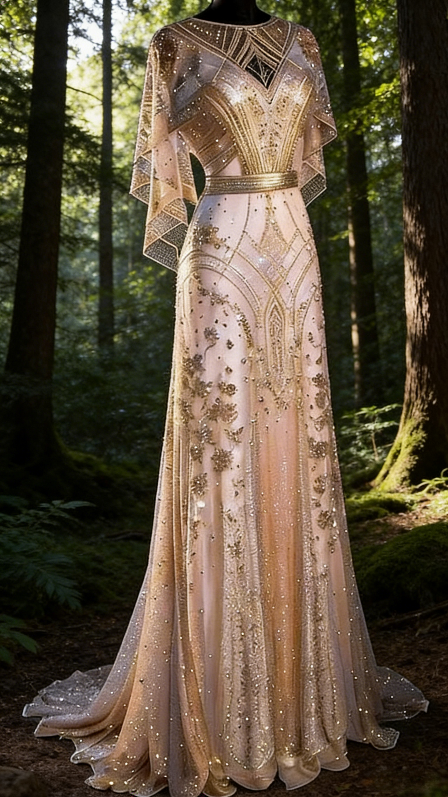 Robe de soirée élégante longue de bal de fin d'année, coupe trapèze, couleur champagne doré, ornée de perles, D829