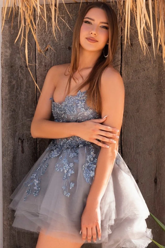 Vintage Blue Applique Strapless Design A-line Tulle Party Dress Homecoming Dress D1537
