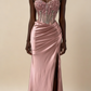 Charming Prom Dress Pink Spaghetti Straps Beaded Satin Long Evening Party Dress Birthday Outfits, D1018