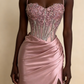 Charming Prom Dress Pink Spaghetti Straps Beaded Satin Long Evening Party Dress Birthday Outfits, D1018