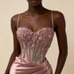 Charming Prom Dress Pink Spaghetti Straps Beaded Satin Long Evening Party Dress Birthday Outfits, D1018