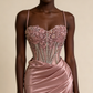 Charming Prom Dress Pink Spaghetti Straps Beaded Satin Long Evening Party Dress Birthday Outfits, D1018