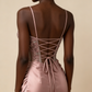 Charming Prom Dress Pink Spaghetti Straps Beaded Satin Long Evening Party Dress Birthday Outfits, D1018