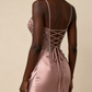 Charming Prom Dress Pink Spaghetti Straps Beaded Satin Long Evening Party Dress Birthday Outfits, D1018