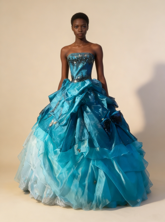 Charming Prom Dress Strapless Pleated Ruffle Ball Gown Evening Dress Birthday Outfits    D3767