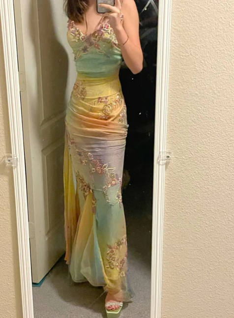 Robe de soirée longue style sirène en tulle à bretelles colorées et appliques, style rétro, D571