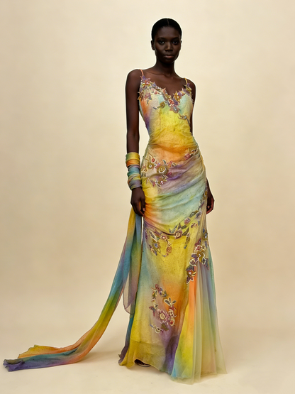 Robe de soirée longue style sirène en tulle à bretelles colorées et appliques, style rétro, D571