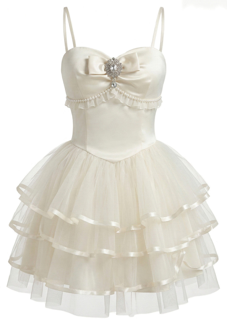 Unique Homecoming Dress Spaghetti Strap Tulle Bowknot Cascade Rinestone Pearl Back to School Outfits Party Dress D7828